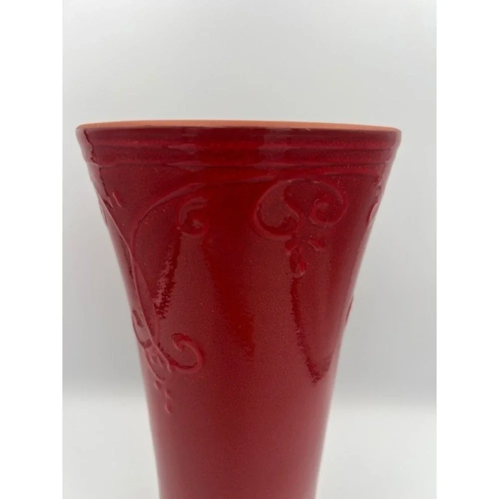Red Glazed Terracotta Vase Embossed Scroll Fleur De Lis Portugal 12 Inch